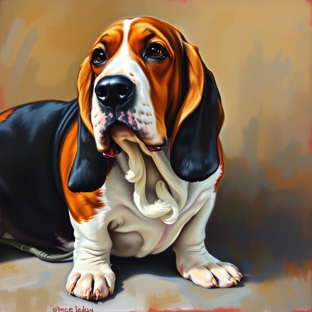 Cute Fat Basset Hound in Oil Painting Style