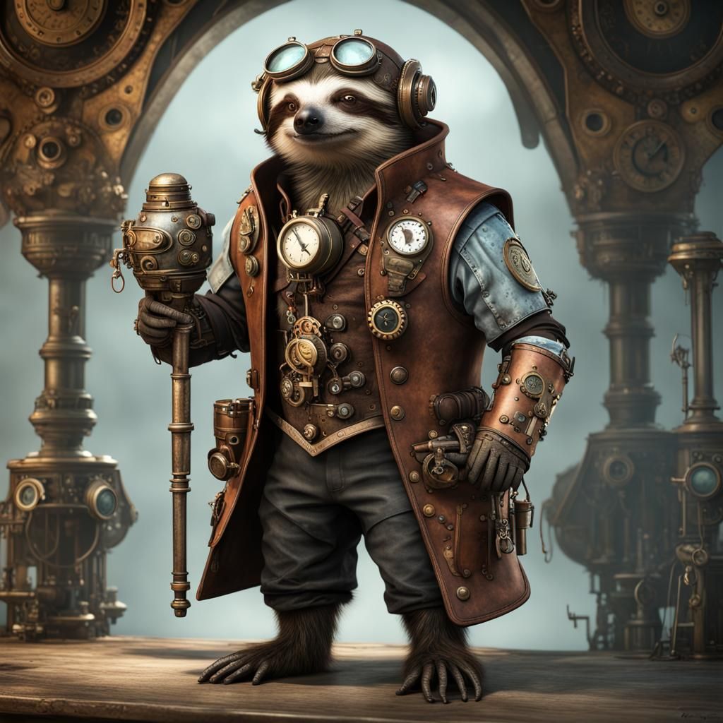 Steampunk Sloth in Leather Armor, Detailed 3D Art