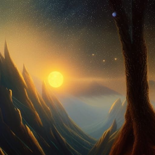 Misty Mountain Night Under Starry Sky