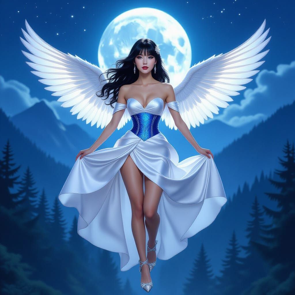 Fantasy Woman Takes Flight in Moonlit Forest