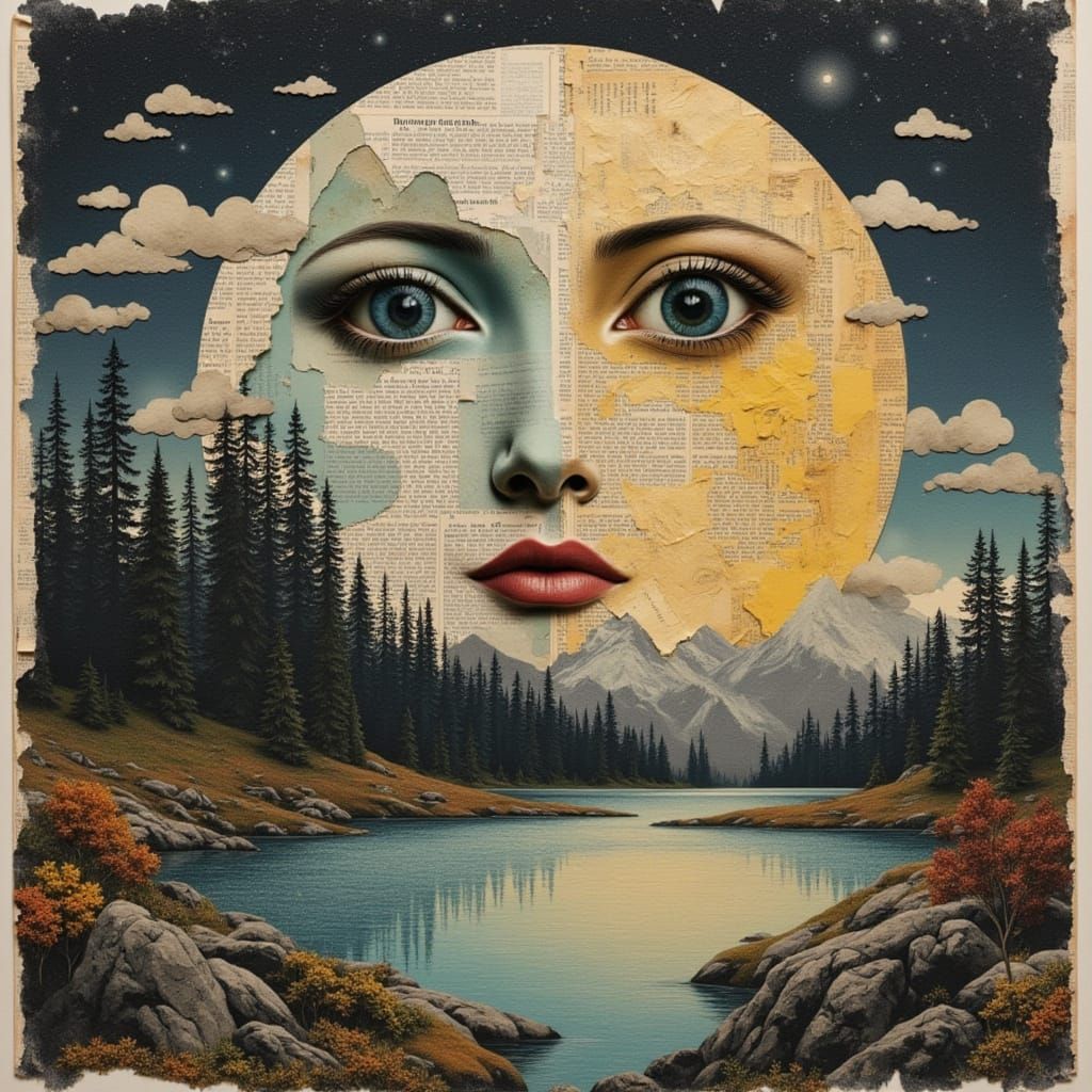 Surreal Moon Face Over Mystical Forest Collage