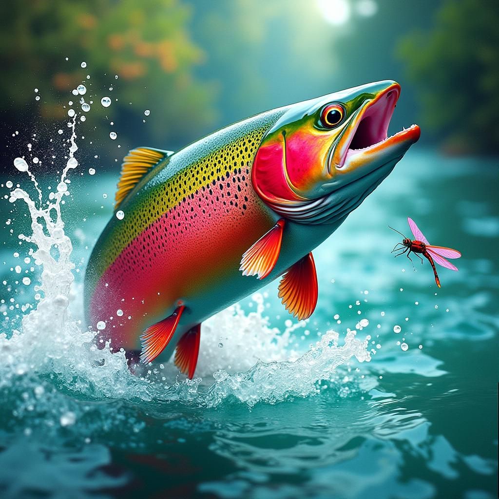 Rainbow Trout Leaping for Dragonfly: Watercolor Street Art