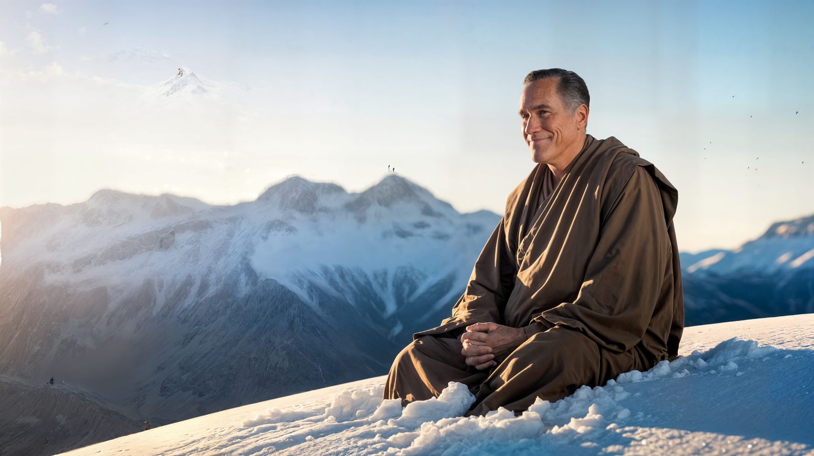 Serene Hermit Monk on a Snowy Mountain Peak in Golden Light
