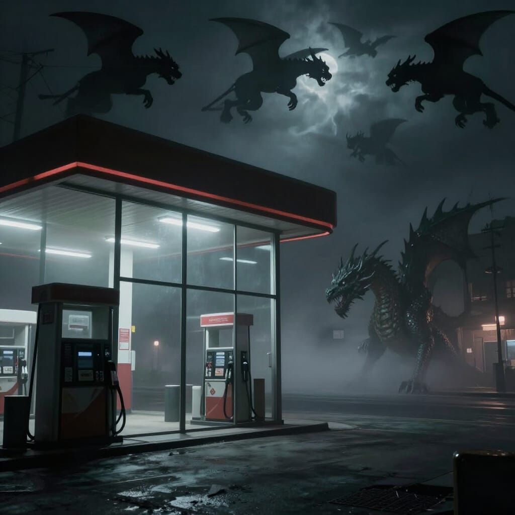 Ominous Gas Station Night Scene with Flying Gargoyles and Dr...