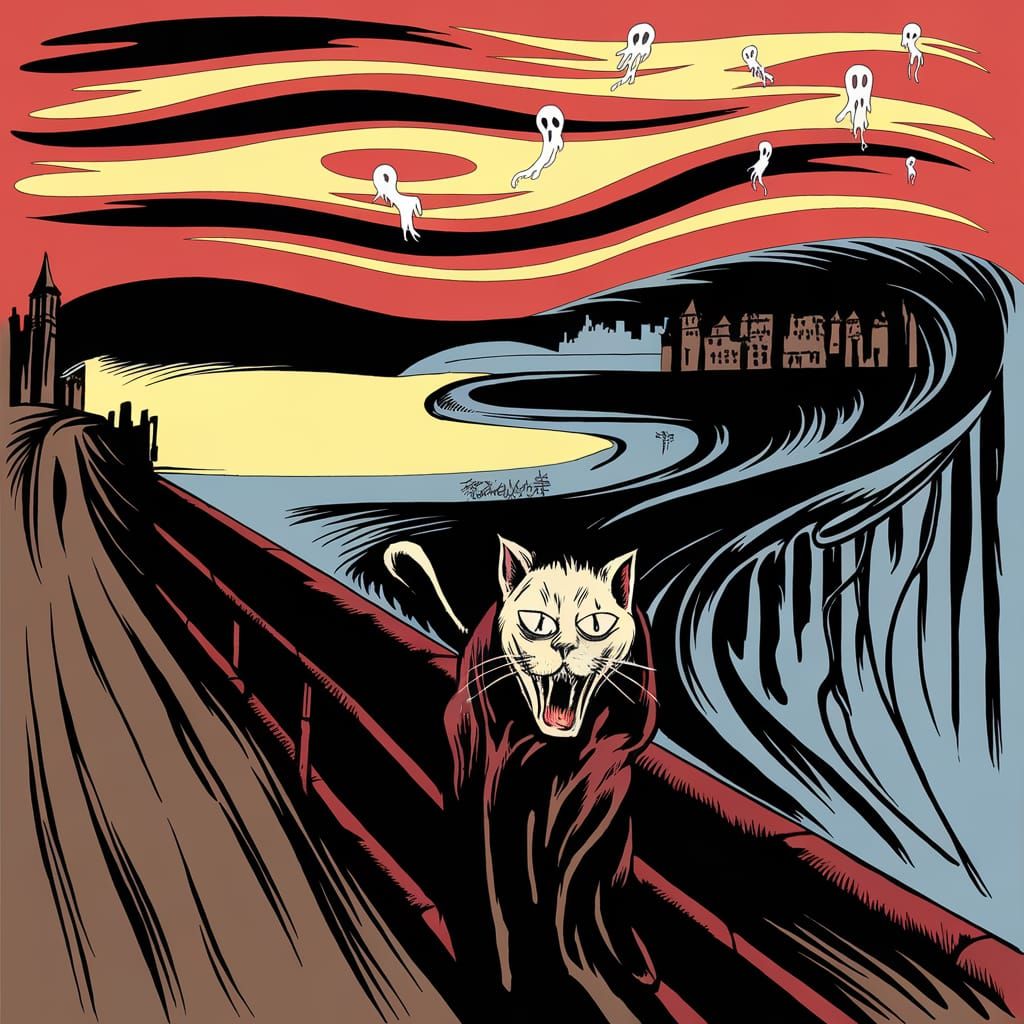 Sinister Futuristic Cat Screaming Expressionist Art