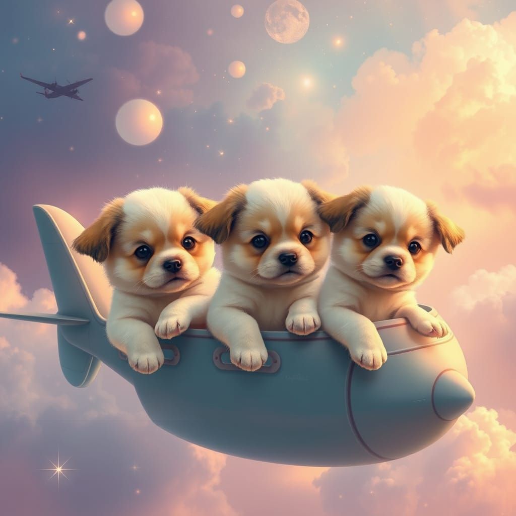 Whimsical Puppies Soar in Pastel Nebula