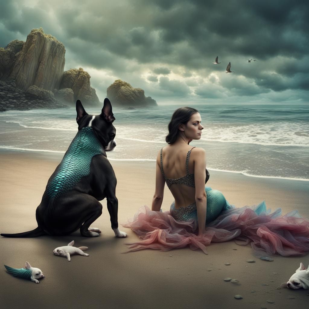 Boston Terrier and Mermaid Beach Encounter