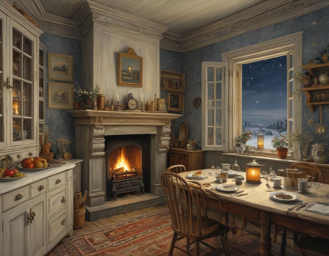 Cozy Kitchen with Starry Night View, Classic Art Style