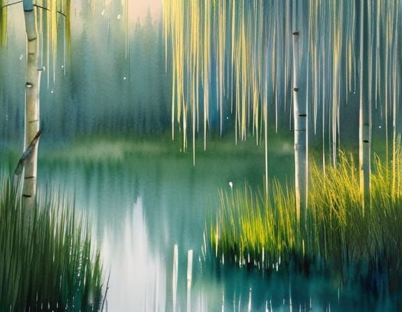 Watercolor Willow River Landscape at Sunrise