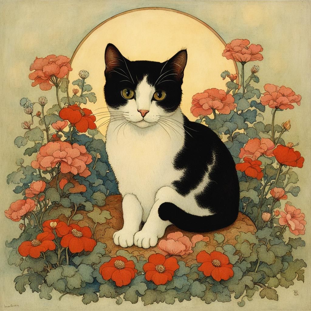 Cat on Pillow in Art Nouveau Style