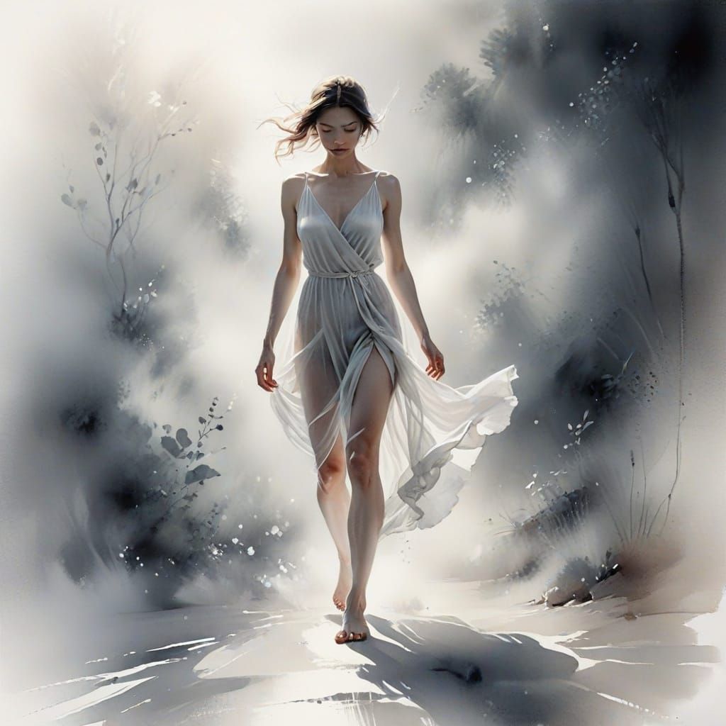 Airy Watercolor Painting of a Barefoot Woman in Muted Tones