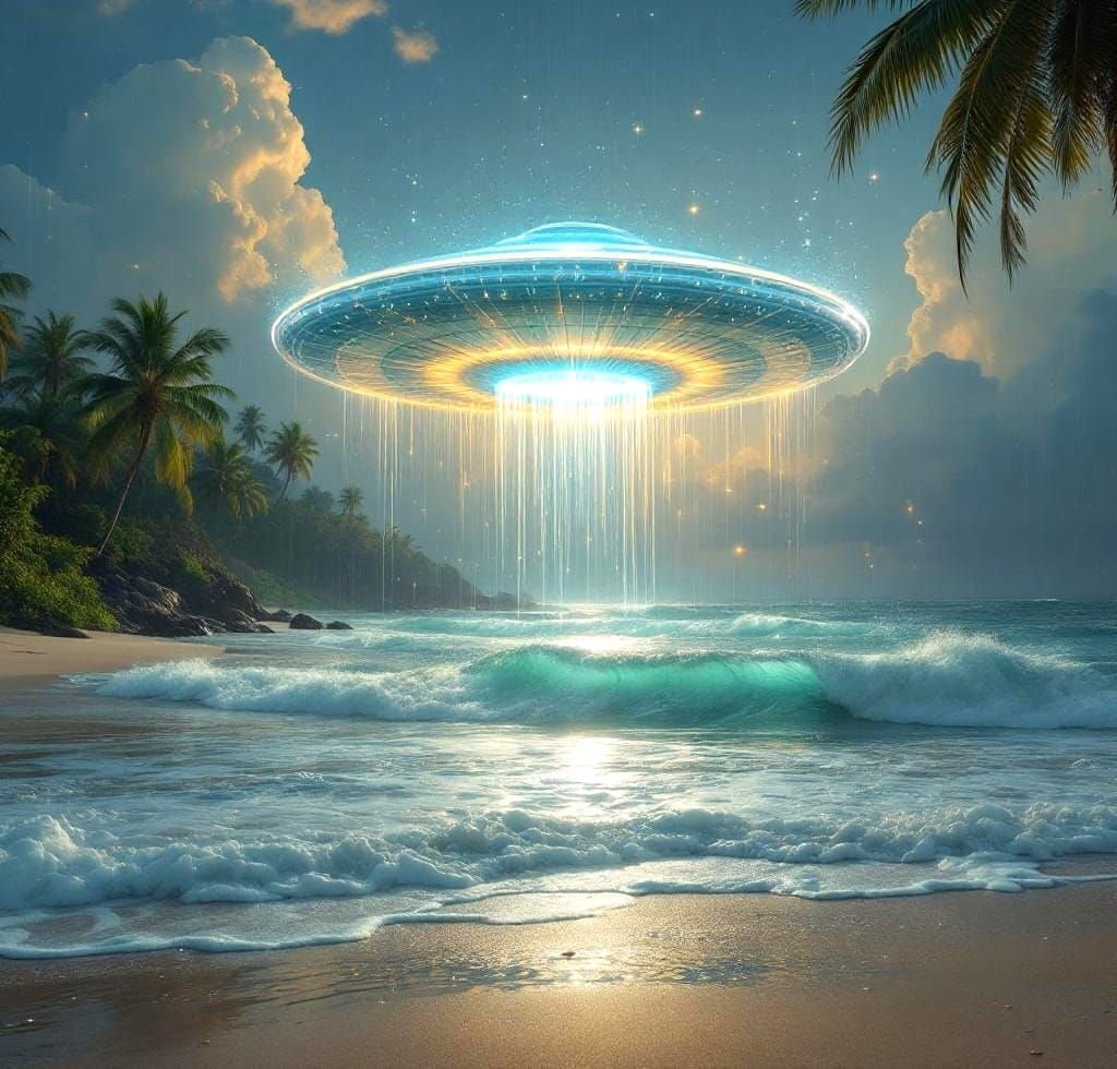 Ethereal Spaceship Hovers Over Tropical Island Beach