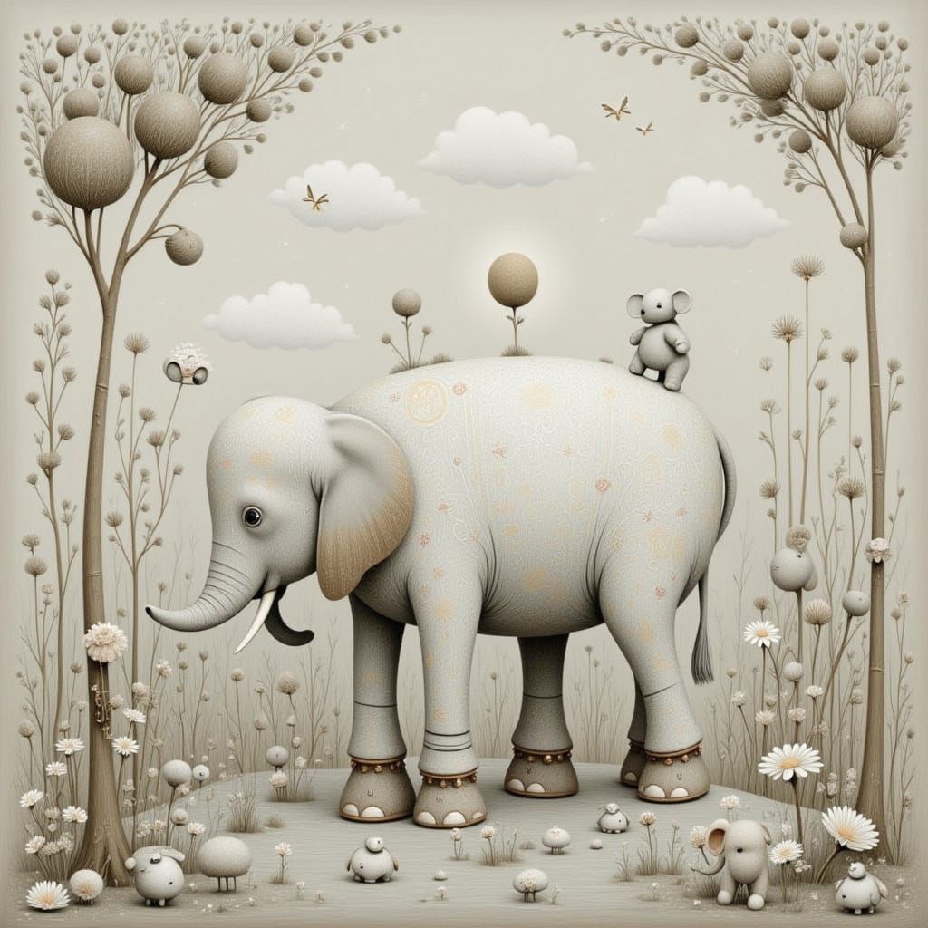 Little White Elephant in Whimsical Style