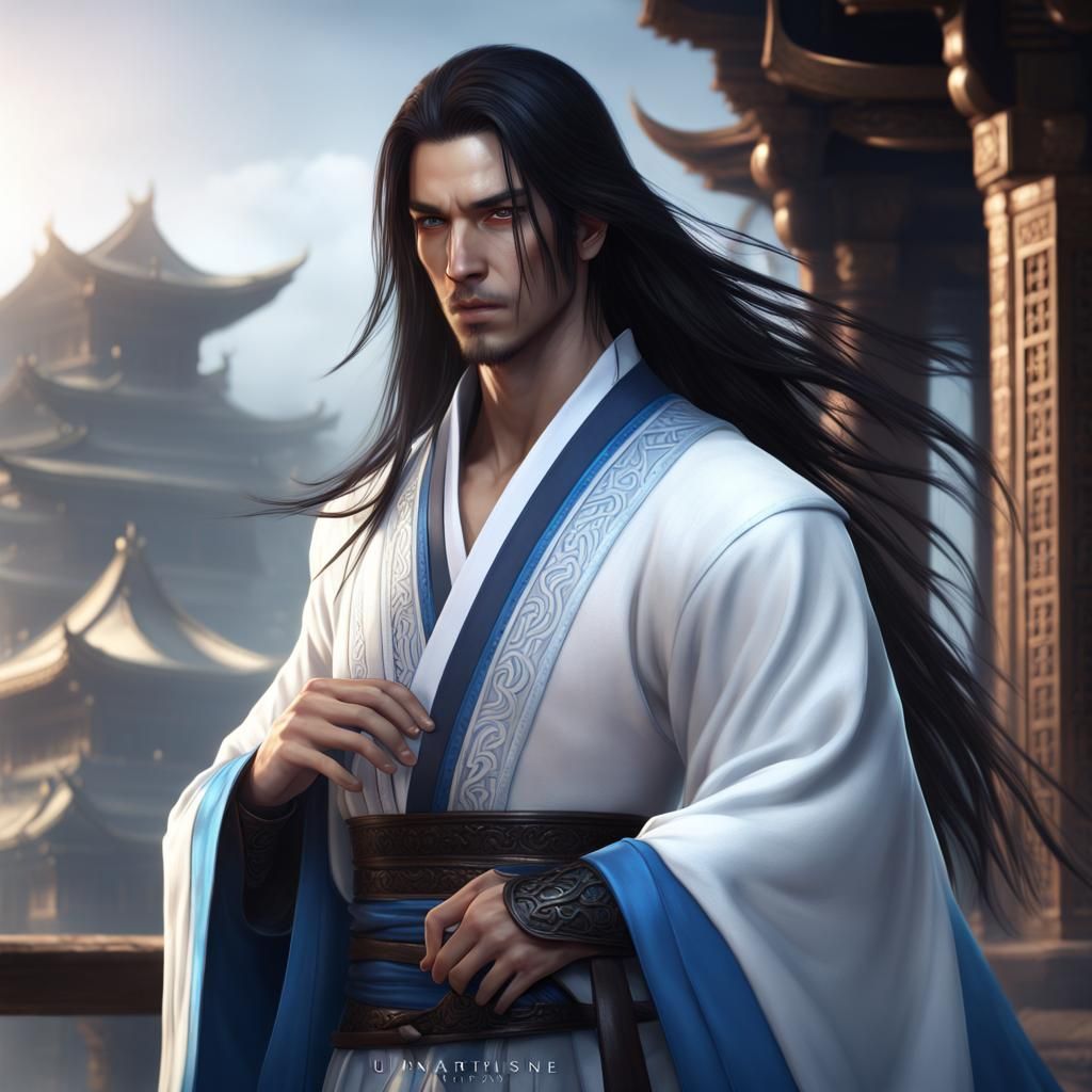 Xianxia Fantasy: Serene Male in White and Blue Robes