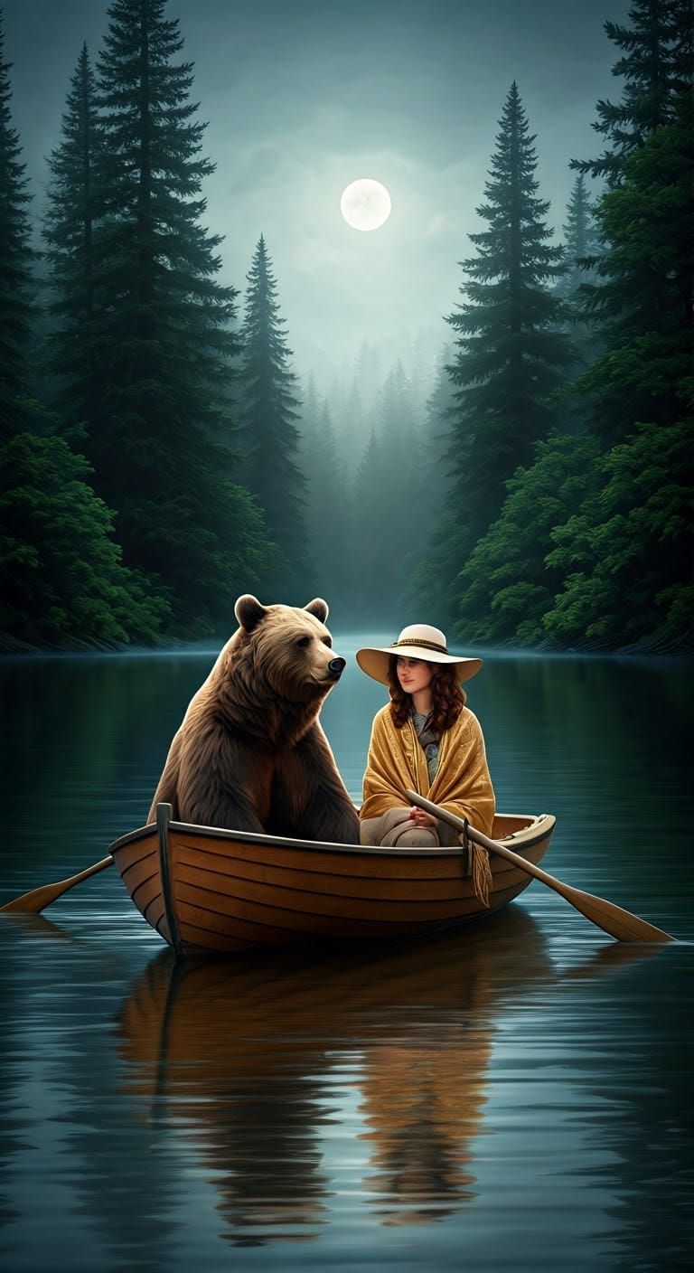 Bear and Marsha in Rowboat on Moonlit Lake