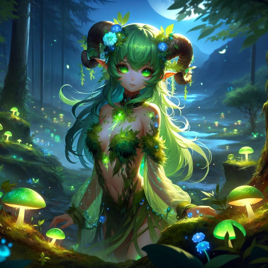Anime Satyr Girl in Moonlit Rainforest