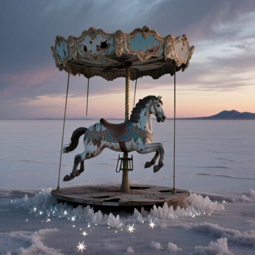 Abandoned Carousel Horse in Desolate Salt Flat