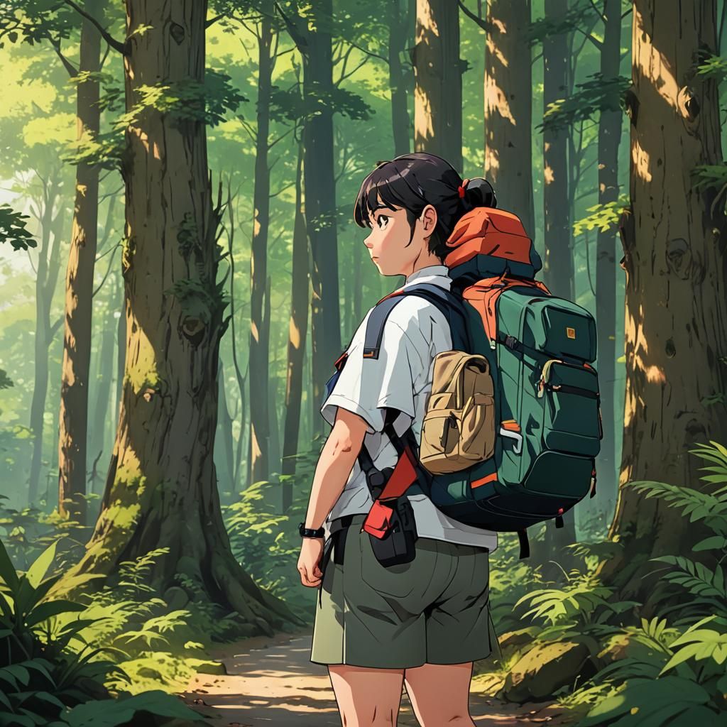 Anime Style Forest Scene with Woman and Backpack