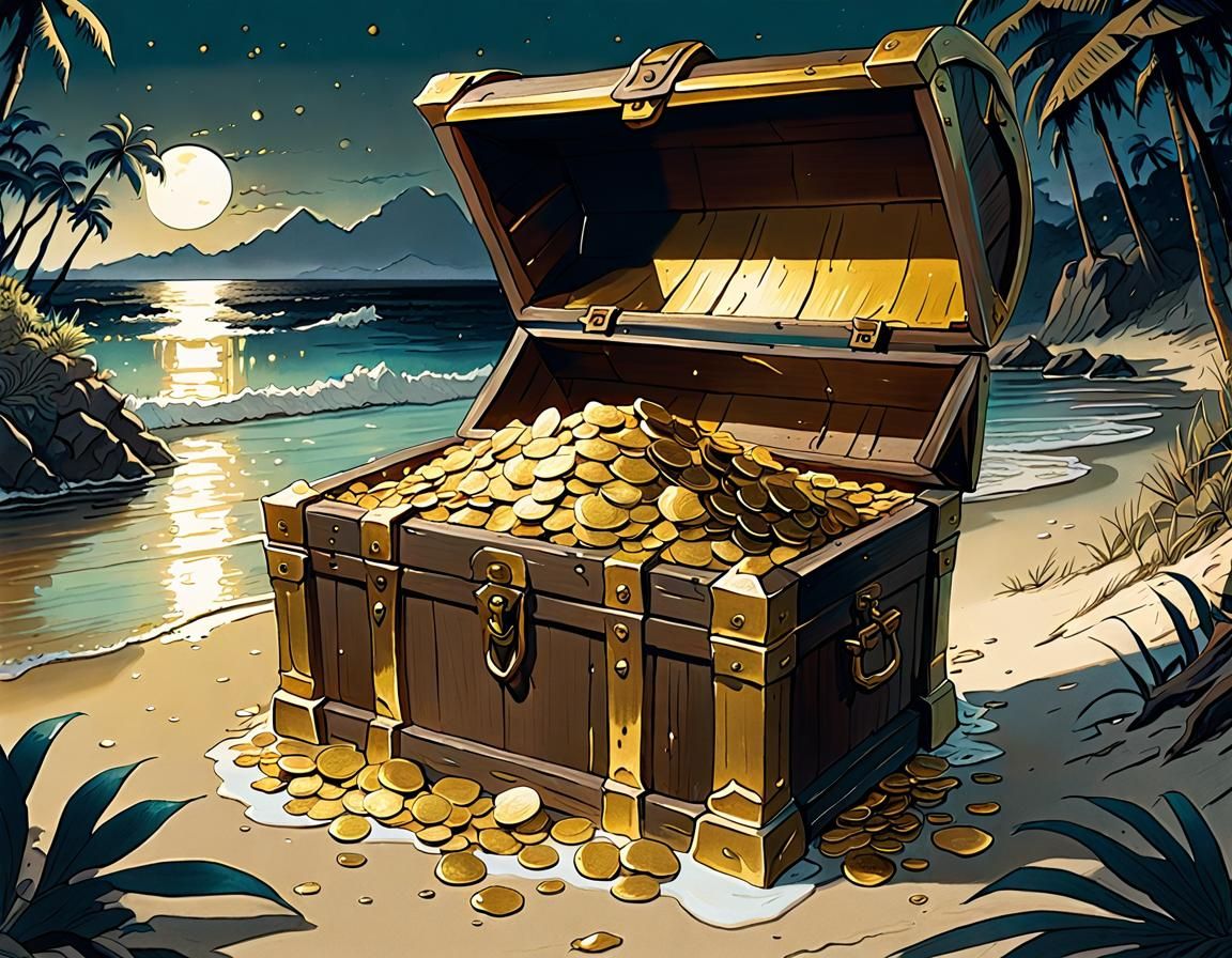 Gold Treasure Chest on Tropical Shore, Manga Style