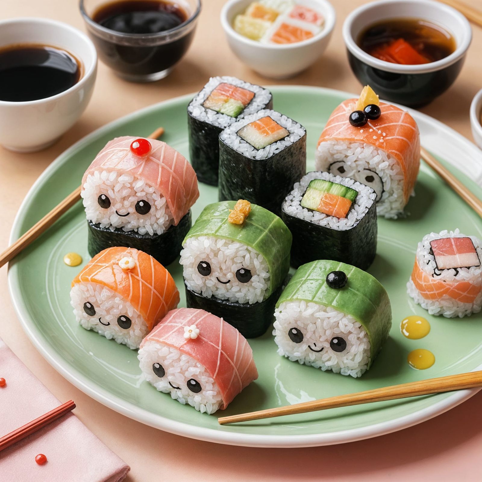 Cute Kawaii Sushi Art on White Plate