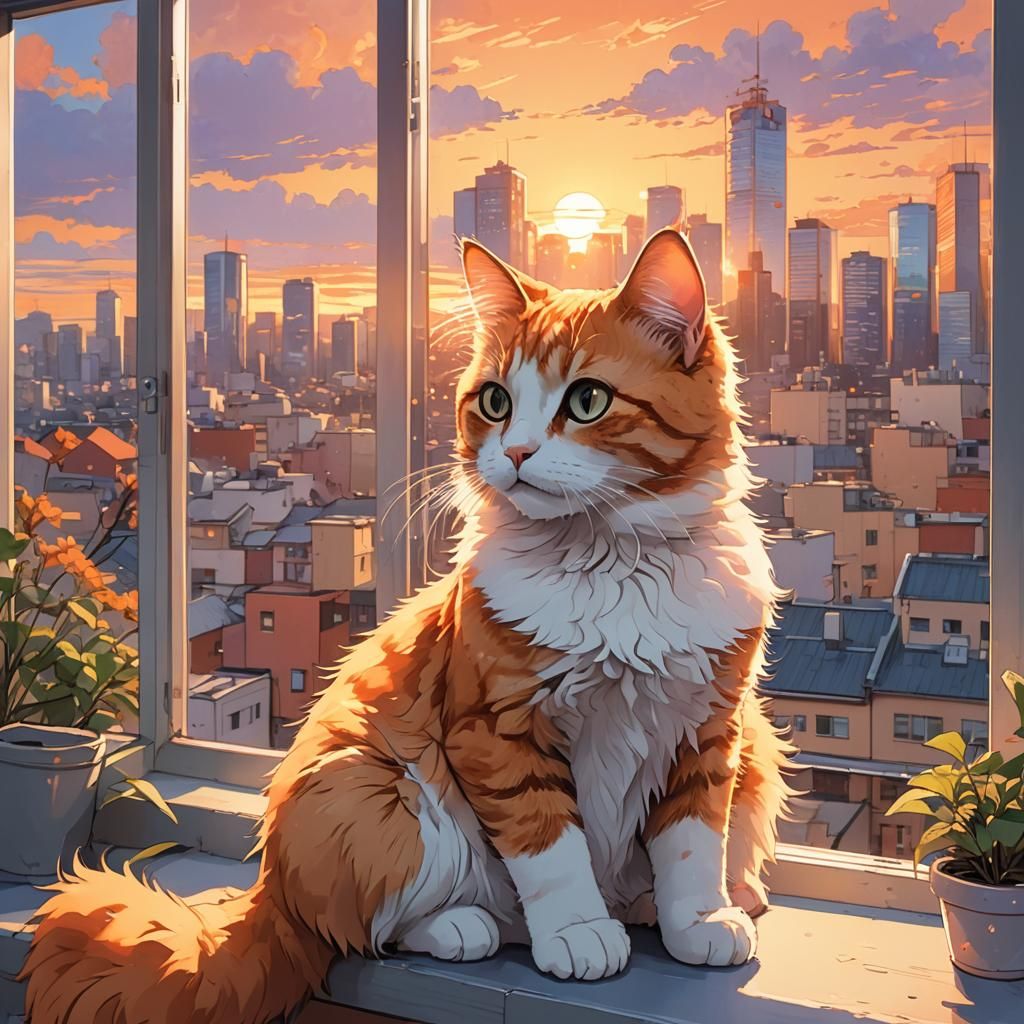 Anime Cat Portrait at Sunset in Vibrant Pastel Colors