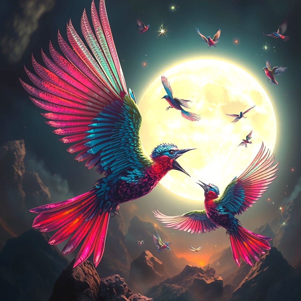 Birds Attacking Moon in Detailed Matte Painting