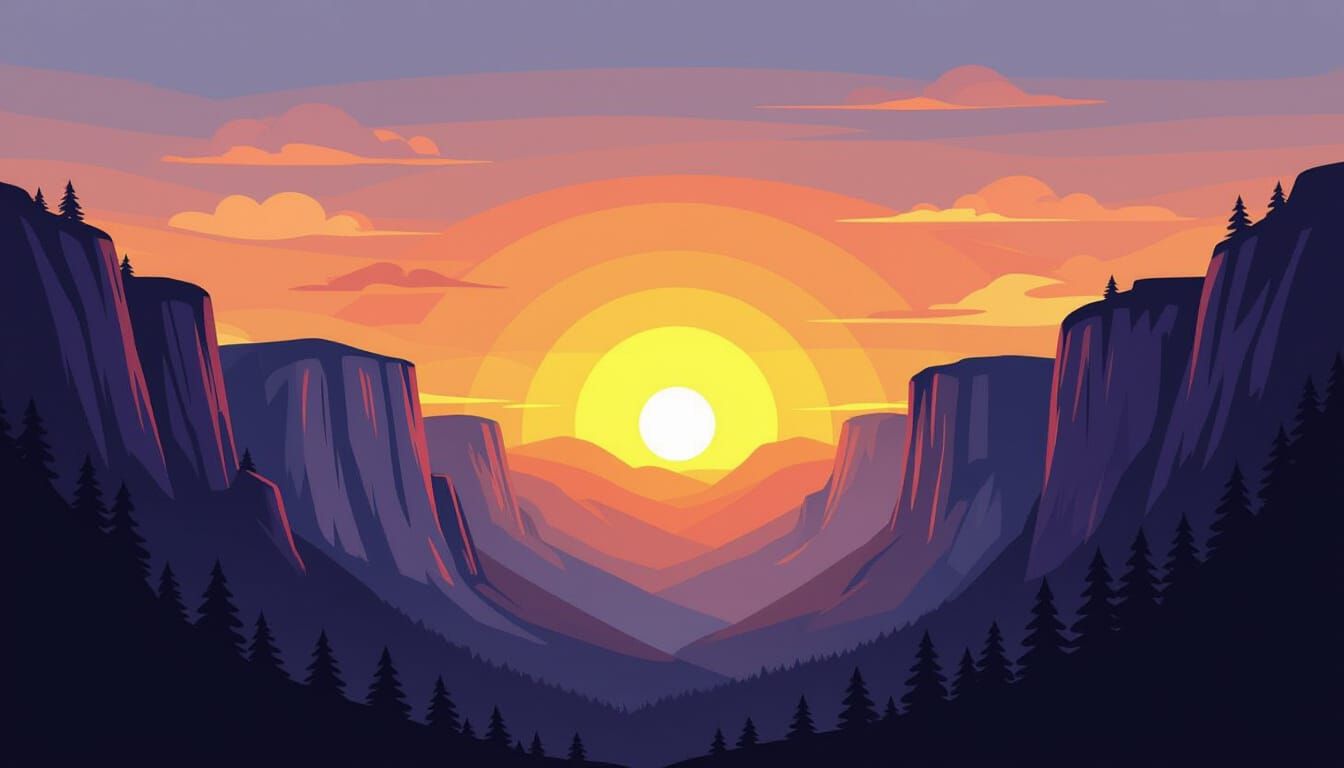 Cartoon Scribble Sunrise Over Towering Cliffs