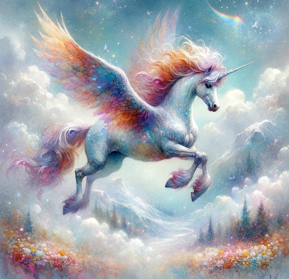 Pegasus Soaring Over Flower-Filled Mountainside in Watercolo...
