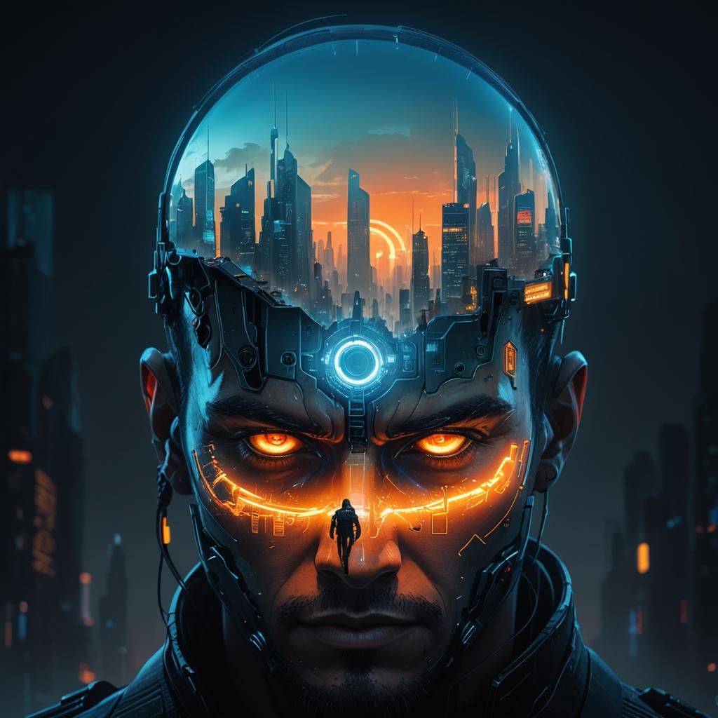 Cyberpunk Cyborg Mindscape with Neon Cityscape