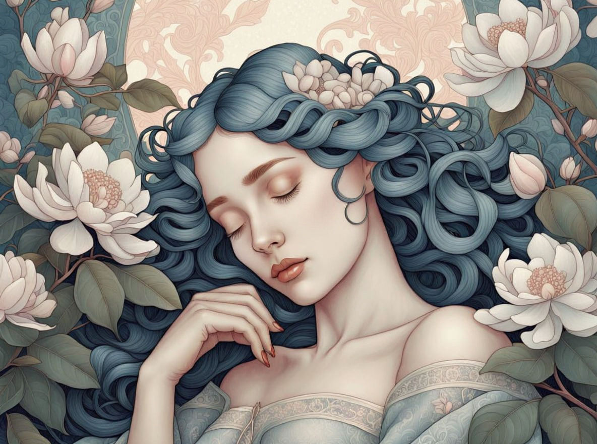 Ethereal Woman with Flowers in Art Nouveau Style