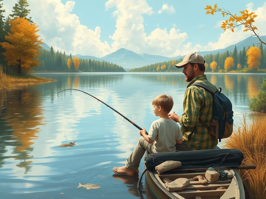 Serene Earthy Landscape with a Gentle Father-Son Fishing Sce...