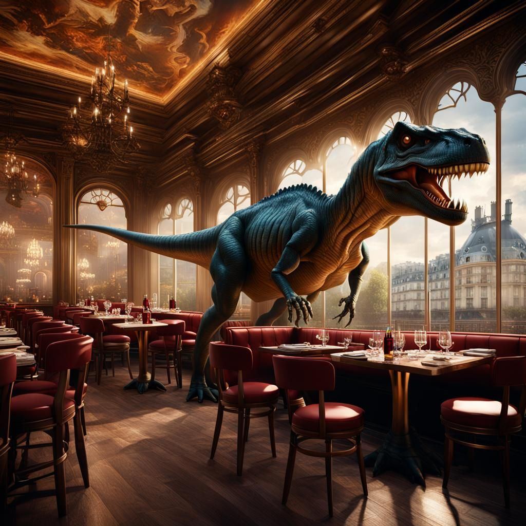 T-Rex Fine Dining in Paris: Detailed Matte Painting