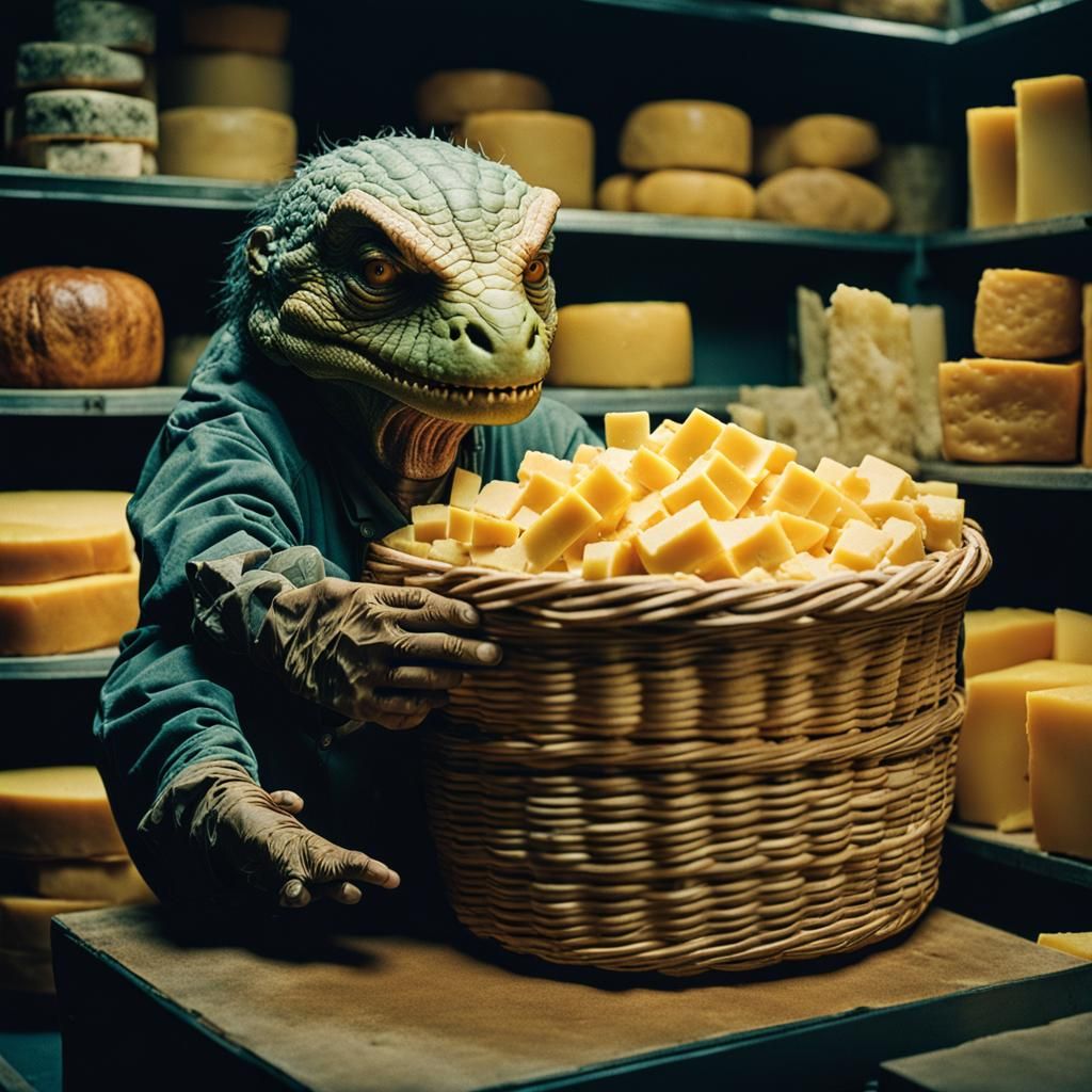 Cheese Monster Squeezing Cheese: Cinematic Film Still