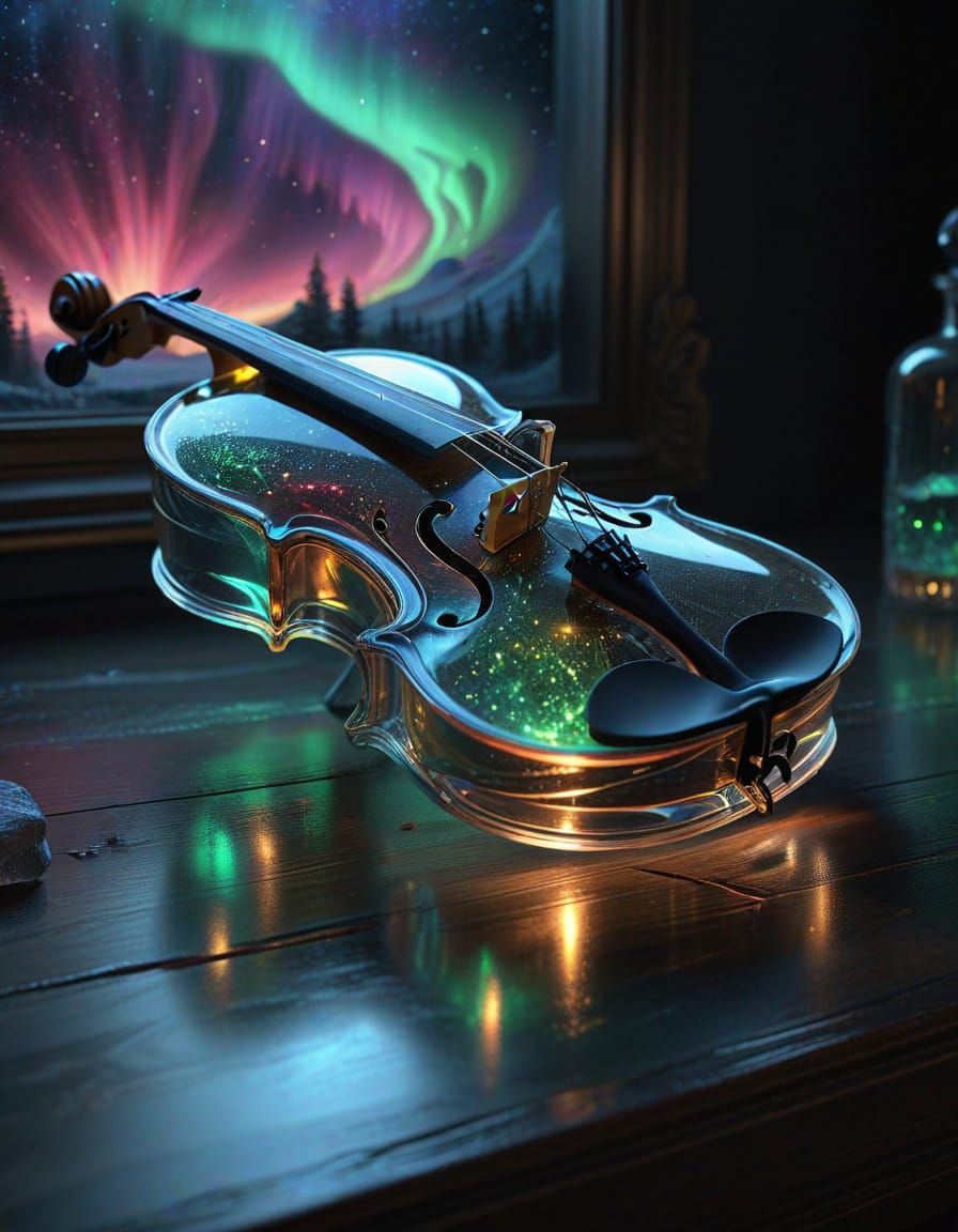 Glass Violin Filled with Aurora Borealis in Jugendstil