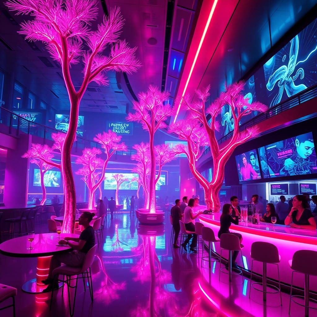 Cyberpunk Lounge with Neon Lights and Holographic Displays