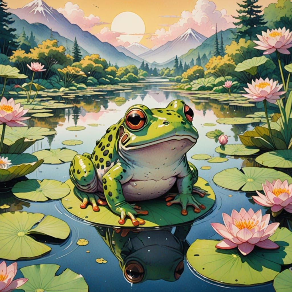 Whimsical Kawaii Frog in a Japanese-Inspired Landscape