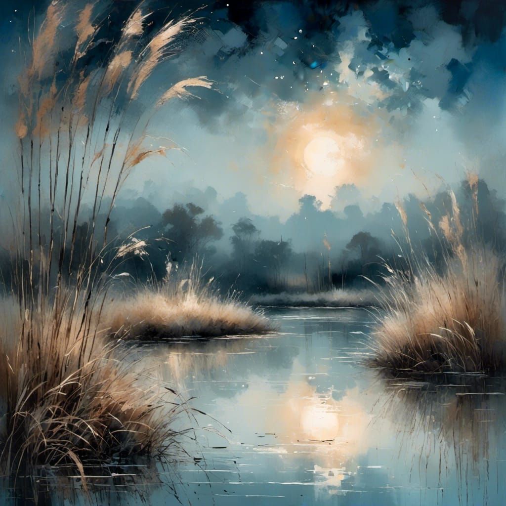 Moonlit Riverside Painting in Impressionistic Style