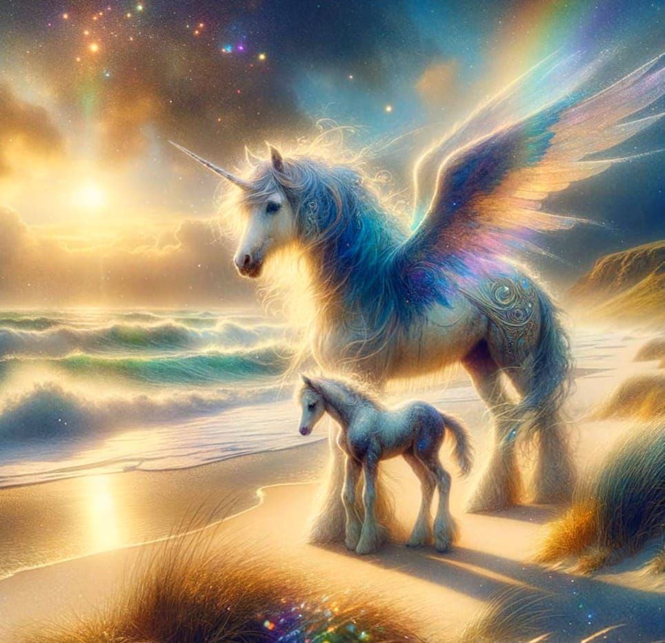 Mythic Mare and Foal in Dawn Watercolor Style