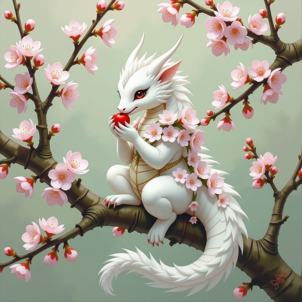 Dragonette in Cherry Tree: Oil Painting Style