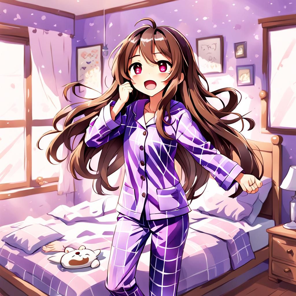 Anime Woman Stretching in Charming Bedroom