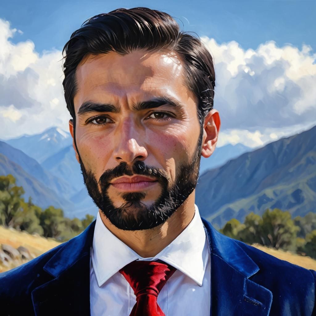 Peruvian Gentleman in Blue Velvet Suit: Impasto Oil Portrait