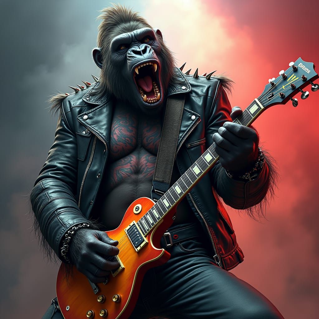 Gorilla Biker Shreds Guitar: Comic Book Art