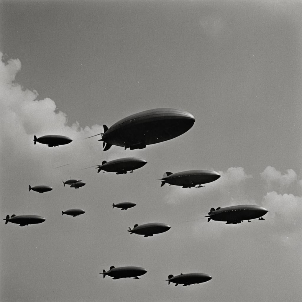 Fleet of zeppelins - black and white