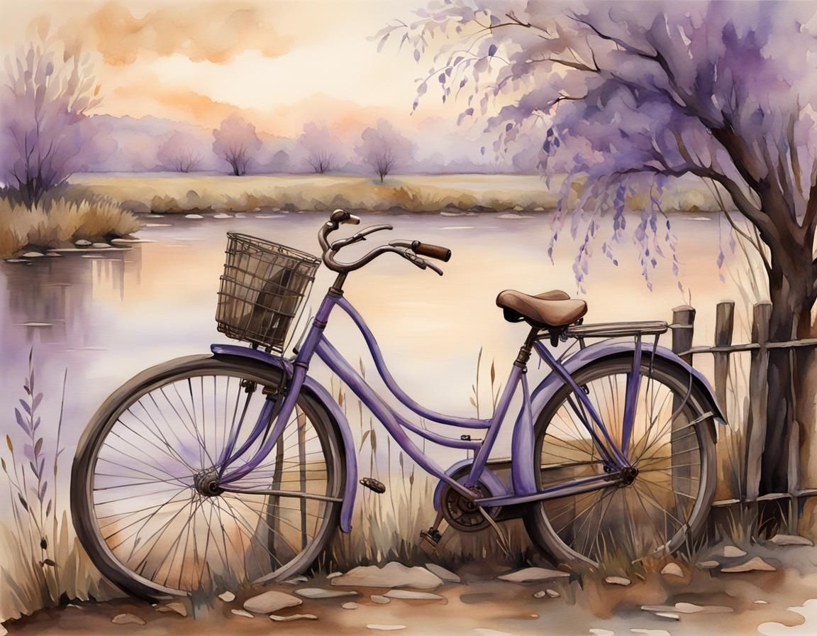 Vintage Bicycle by Riverbank in Impressionist Style