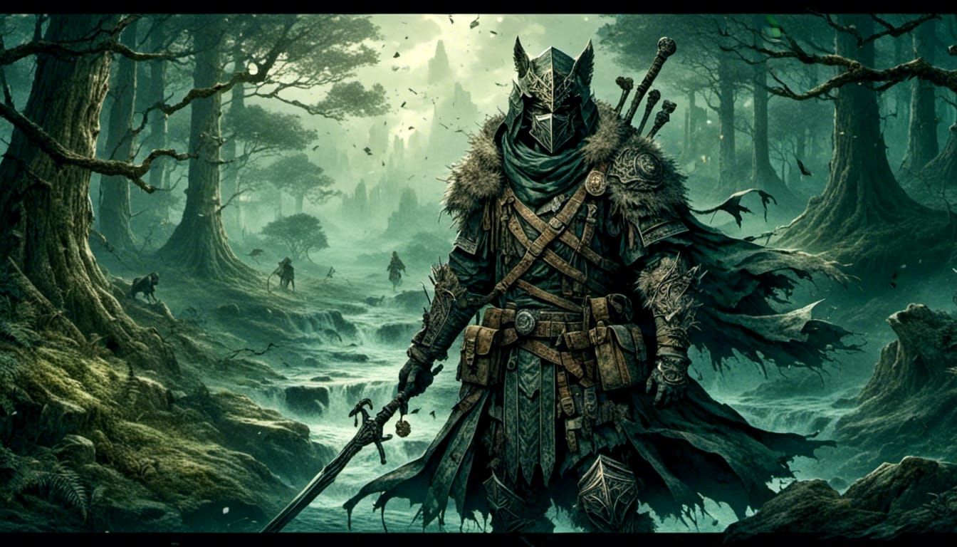 Animal Warriors Scout Mountain Forest in Pyrography Style