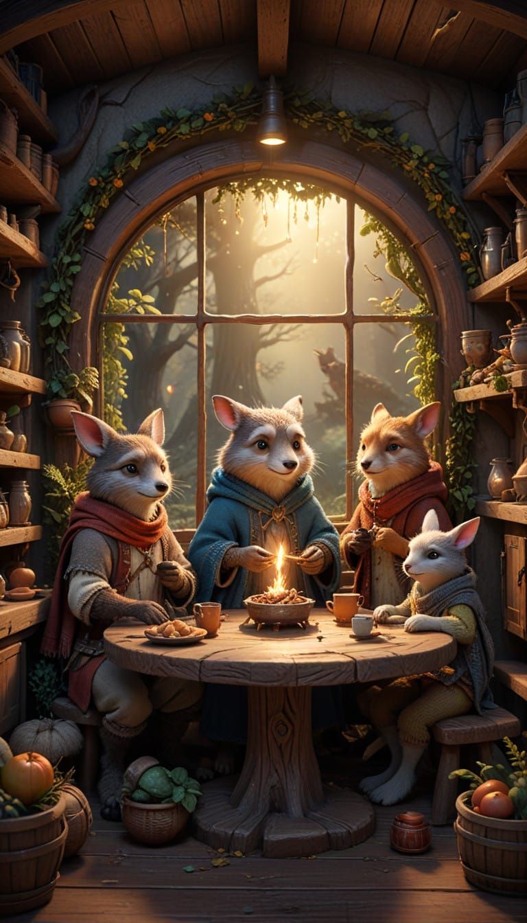 Enchanted Hobbit-Style Gathering of Whimsical Forest Friends
