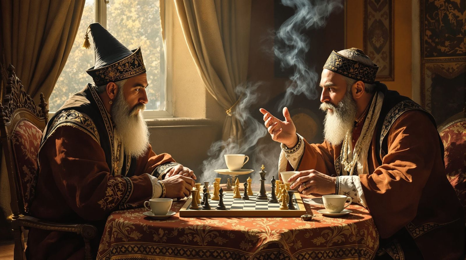 Ottoman Philosophers Debate in Coffeehouse, Bosphorus Light