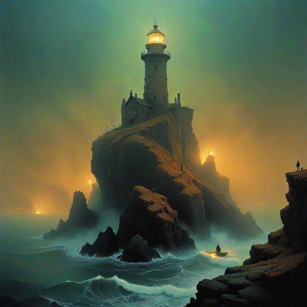 Gothic Lighthouse in Autumn Fog with Eerie Sea Glow