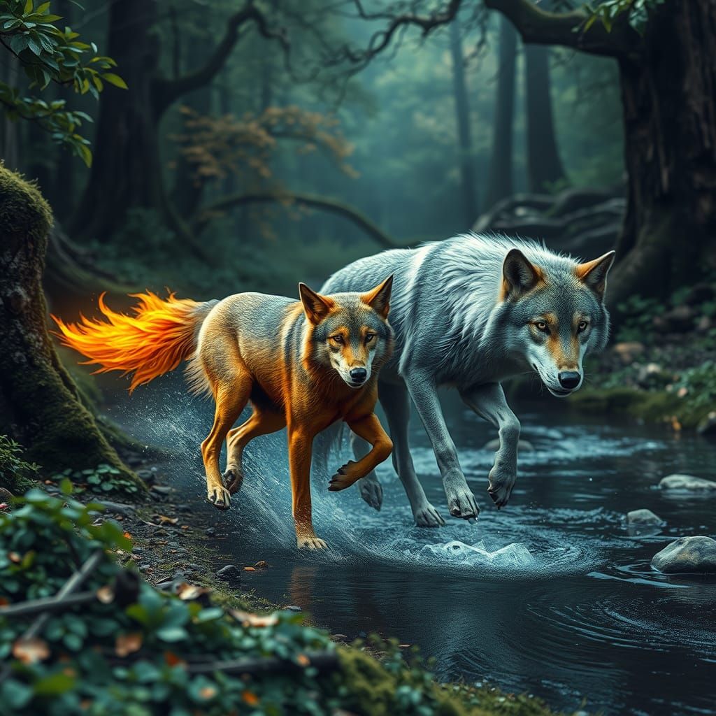 Fire and Water Wolves in Lush Forest, HDR