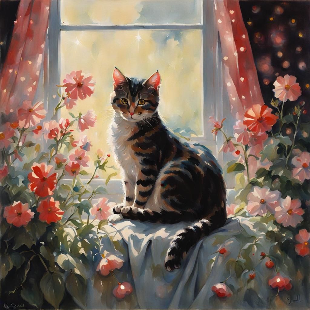 Cute Cat Surrounded by Flowers and Heart Lights